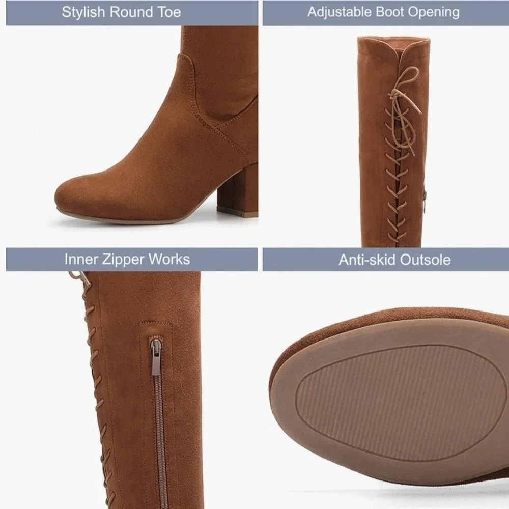 Faux Suede Over The Knee Block Heeled Stretch Boots Camel Full Lace-Up Back‎ 8